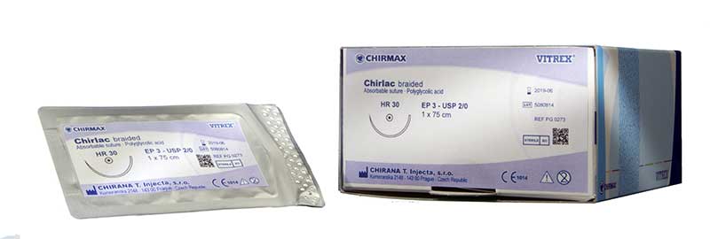 Suture Chirlac Vitrex USP 2/0, needle 30 mm round, 1/2 circle, 75 cm